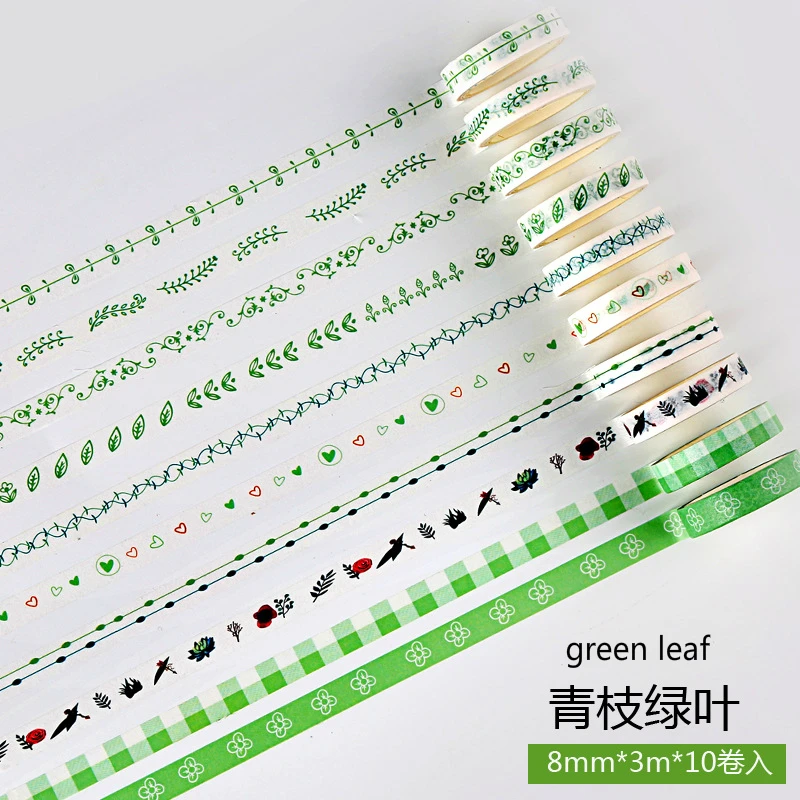 green leaf 10 томов 12 стилей васи лента базовый цвет коробка бумажный Набор Ручка DIY стикер лента роза для украшения наклейки канцелярские принадлежности - Цвет: green leaf