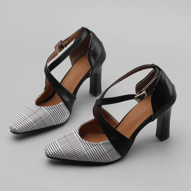 Sianie Tianie summer plaid checked cover toe super thin high heels woman shoes cross strap sexy women gladiator sandals