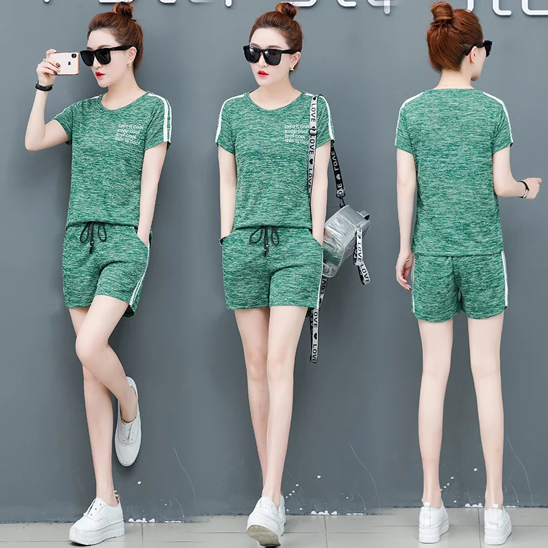 

Tracksuits Women Set Plus Size Big Mini Short Pants and Top Outfit Sportswear Fitness Co-ord Sets 2020 Summer Green Clothes