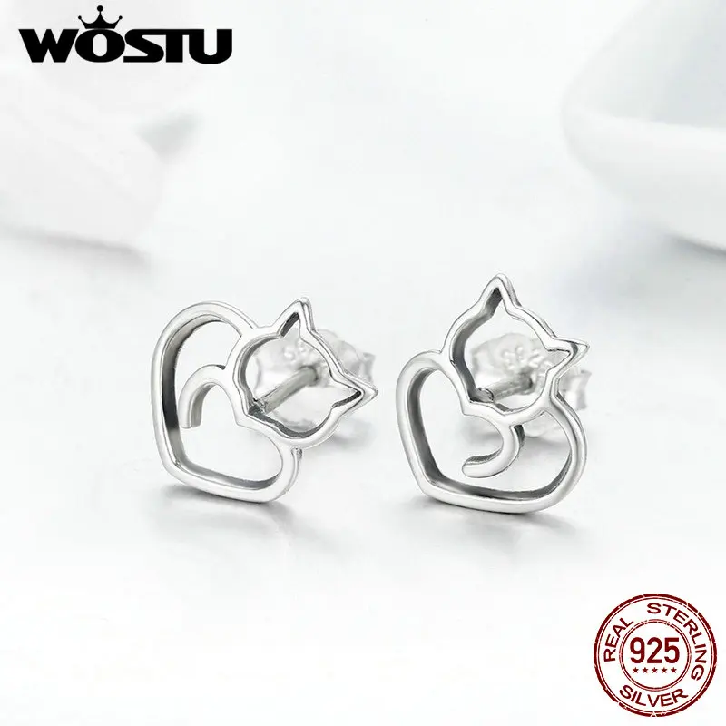 Женские серьги гвоздики WOSTU из стерлингового серебра 925 пробы с милым котом