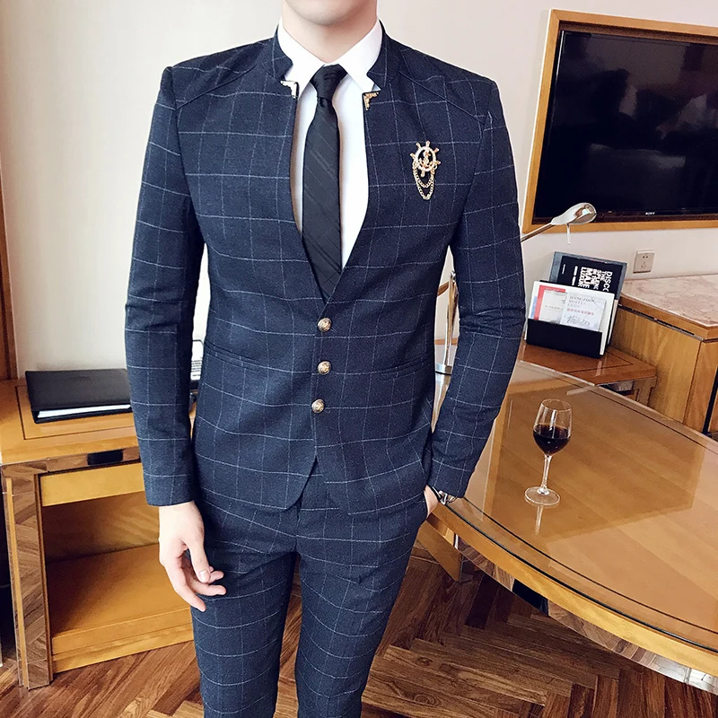 navy blue Костюм с воротником мандарин, клетчатый мужской костюм, китайский костюм с воротником, деловой Повседневный Терно, приталенный, черный, темно-синий, для свадьбы, приталенный - Цвет: navy blue