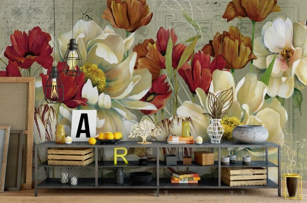 2021 Европейская ретро ручная роспись Камелия тюльпан Настенные обои 3D гостиная ТВ