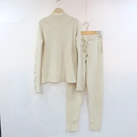 2022 turtleneck drawstring real winter cashmere suit high collar hand sleeves hollow sweater casual trousers two sets of women