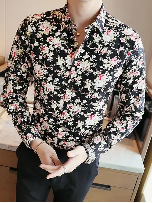 Men's Shirts Retro Floral Printed Man Casual Slim Shirt Fashion Classic Men Dress Shirt Men's Long Sleeve Brand Clothing - Color: NO.1