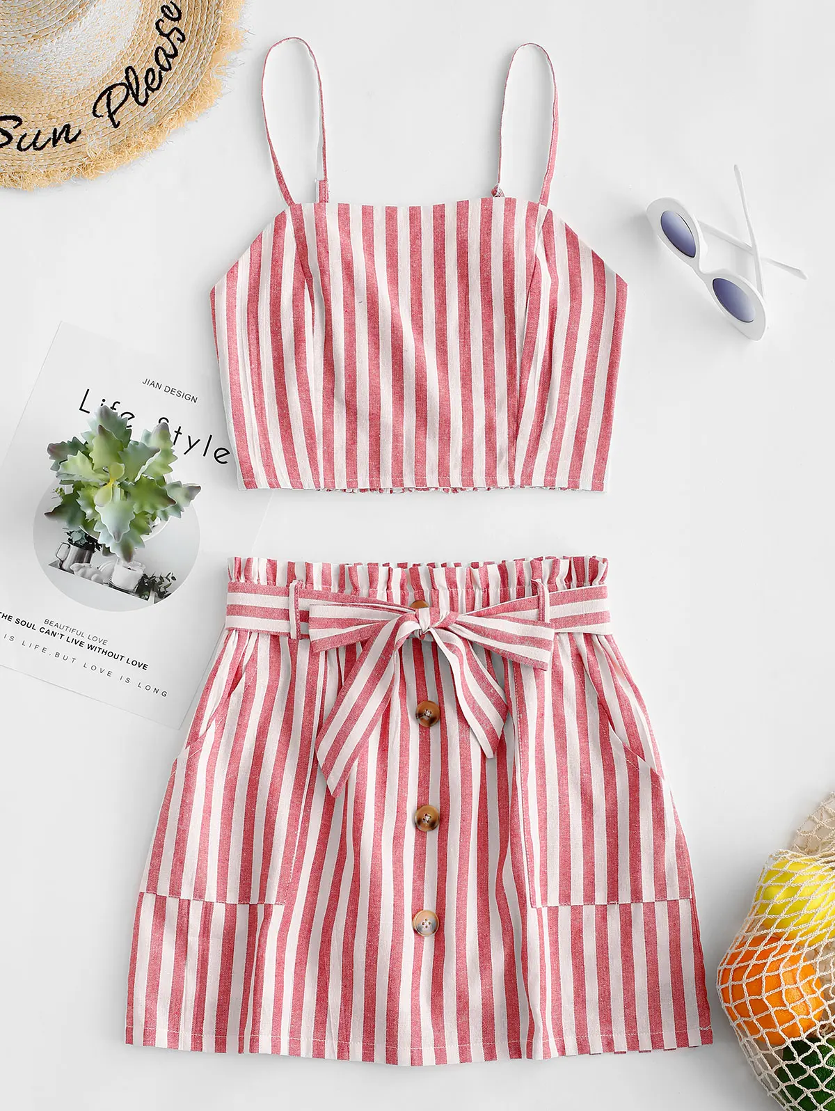 ZAFUL Полосатый топ льянной и комплект юбок с поясом A силует Бретельки Crop Top Женщины