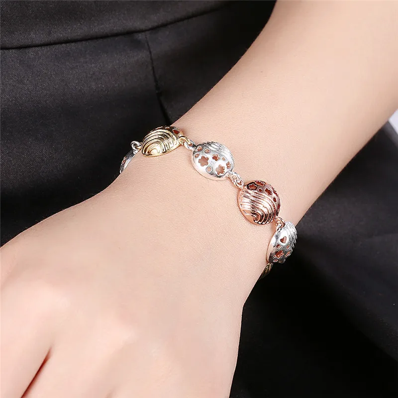Fashion Silver Jewelry Bracelets Bangles Female Girl Beads Hollow Shell Flower Hand Chain Bracelet For Women Best Friend Gift | Украшения и