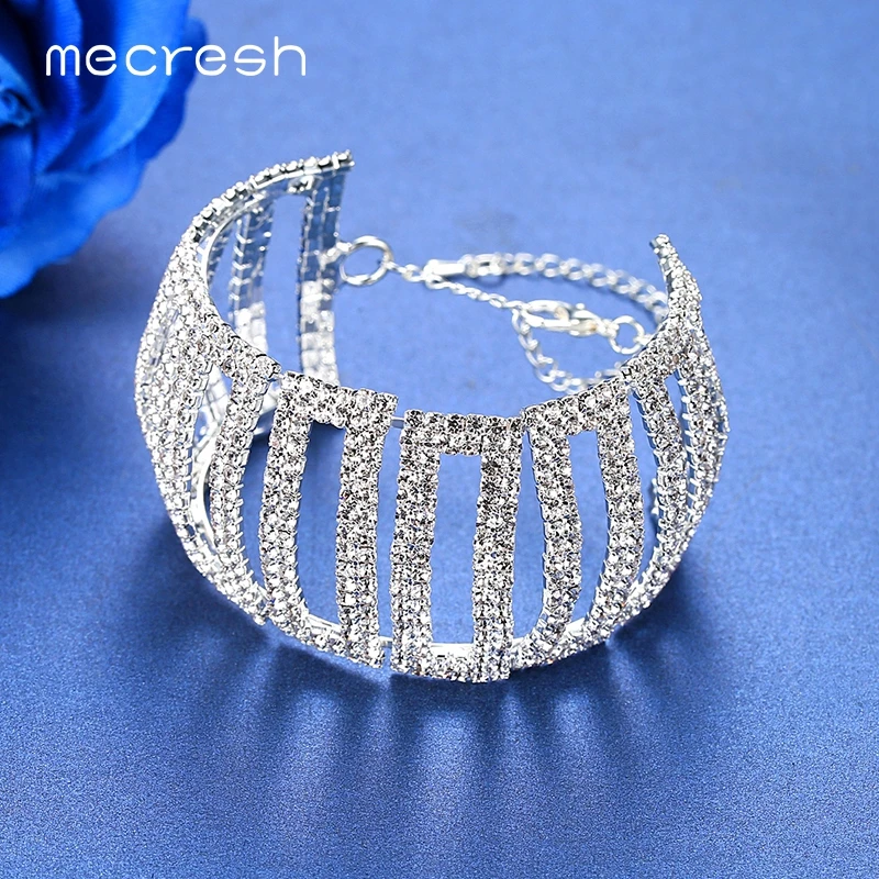 Mecresh Simple Geometric Rhinestone Bracelets Bangles for Women Silver Color Bridal Wedding Engagement Jewelry MSL345 | Украшения и