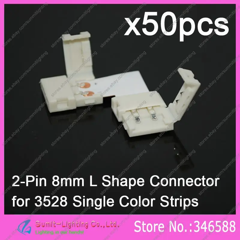 

50pcs/LOT 2Pin 2-Pin 8mm L-shape 2-Way PCB Corner Connector Solderless Adaptor with Clips for 3528 Single Color LED Strips
