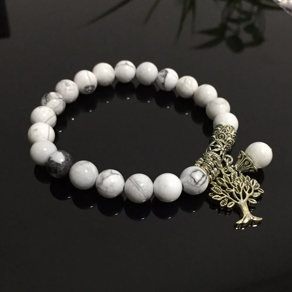Круглый шар Mala Beads Белый Howlite камень Strecth браслеты с деревом тибетская кожа
