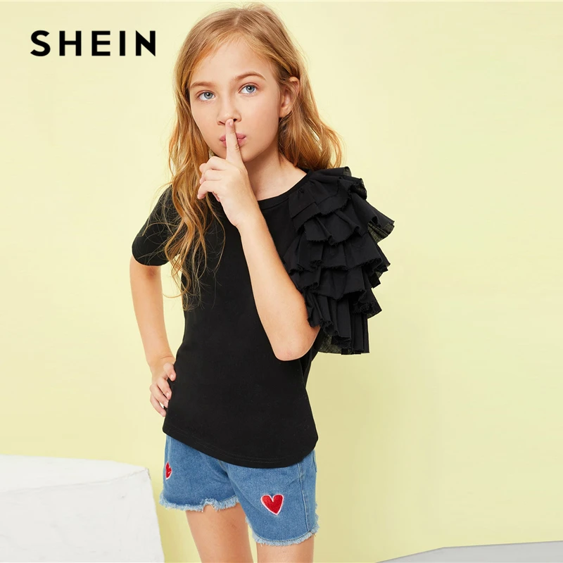 SHEIN/черная Повседневная футболка с многослойными рукавами и оборками для девочек; топы для девочек; коллекция года; сезон весна; модные элегантные футболки с короткими рукавами; футболка для девочек