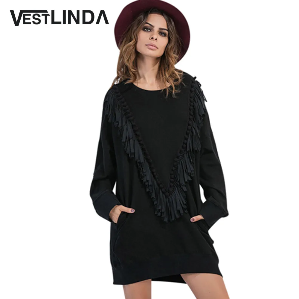 VESTLINDA черный свитер платье для женщин о образный вырез кисточка бахрома туника