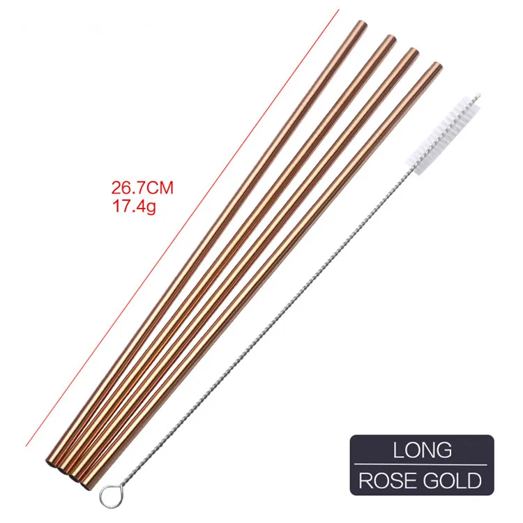 Rose Gold Straight 4 шт Металлические питьевые соломинки многократного использования Красочные нержавеющей стали соломы+ 1 щетка Металл напиток Yerba сок бар аксессуары вечерние - Цвет: Rose Gold Straight