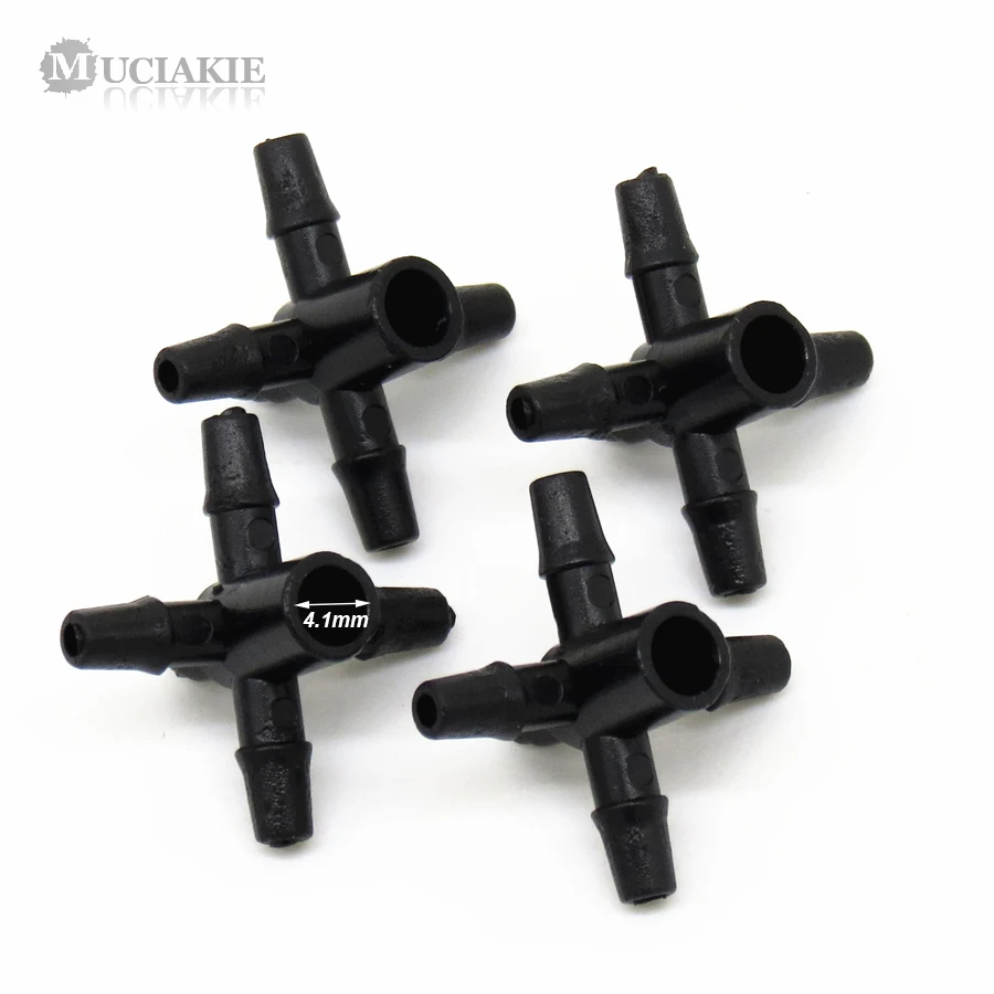 MUCIAKIE 100PCS 4-Branches Barbed Connectors for 3/5mm Hose Coulping Adaptors Flat End Inner Dia 4.1mm Irrigation Fittings | Дом и сад
