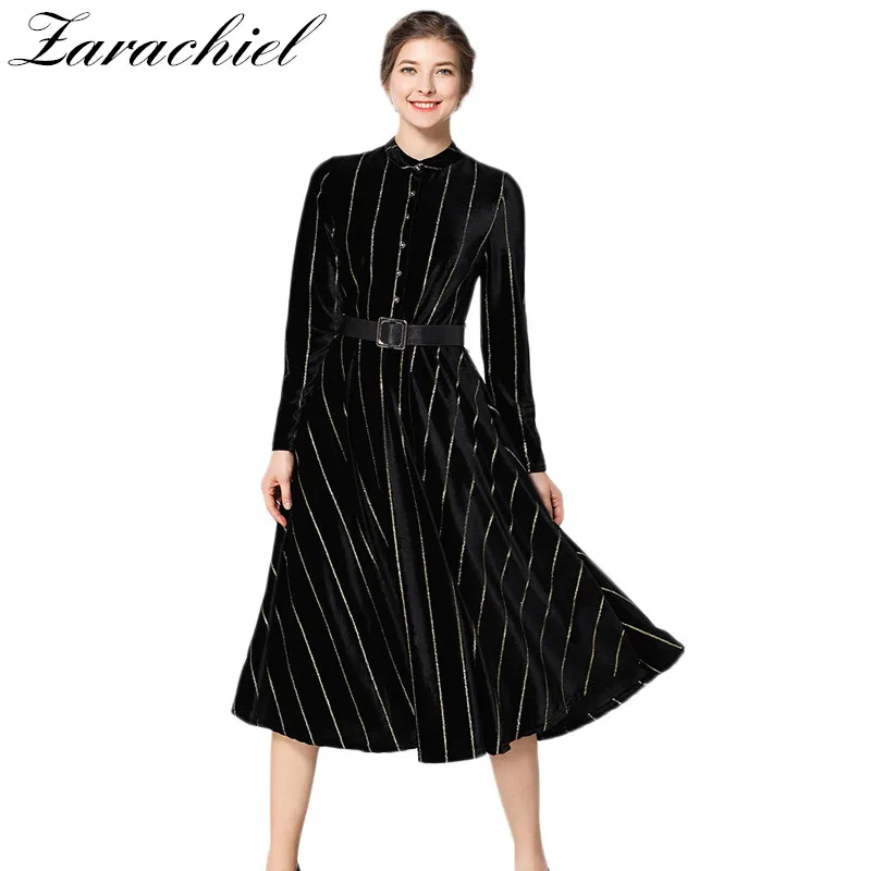 Shiny Gold Thread Striped Velvet Dress 2019 Winter Women Long Sleeve Thick Warm Female Vintage Velour Sashes | Женская одежда