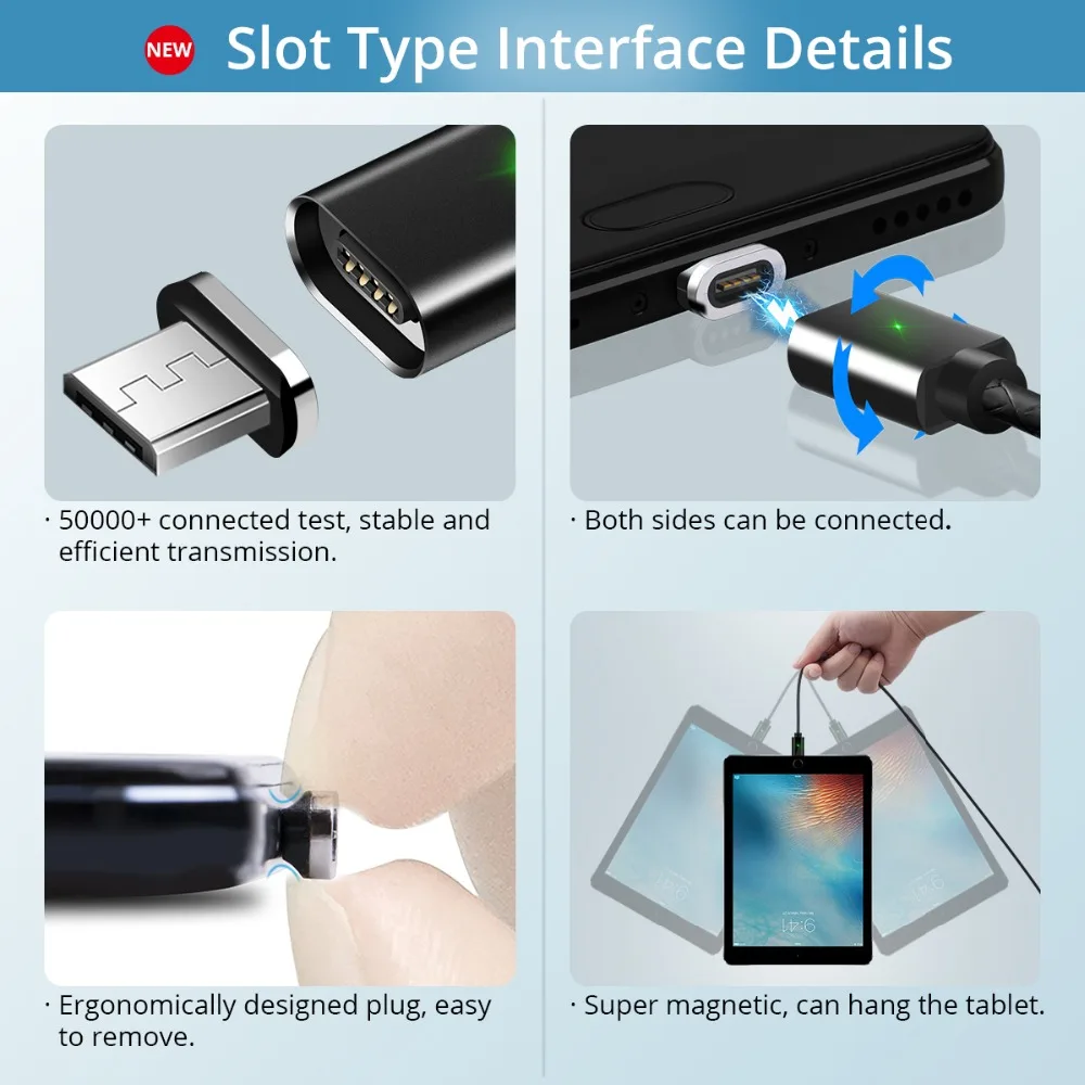 Магнитный кабель FONKEN 2 в 1 USB Type C Micro для телефона м светодиодный шнур зарядки