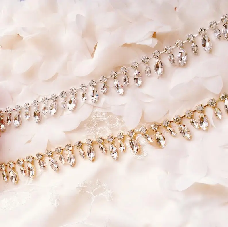 

5Yards Rhinestone Crystal Chain Trim Ribbon Sparkle Diamante Applique Tassel Bridal Sash Sewing on Wedding Dress Decoration