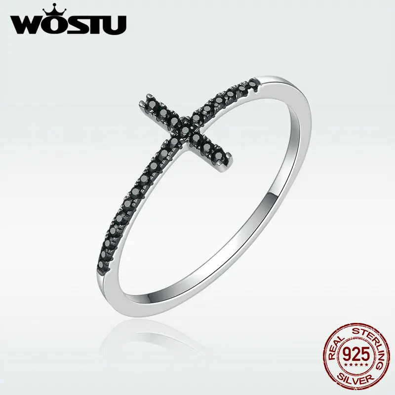 WOSTU чистое 925 пробы Серебряное кольцо на палец с черным цирконием для женщин вечерние ювелирные изделия в подарок DXR067