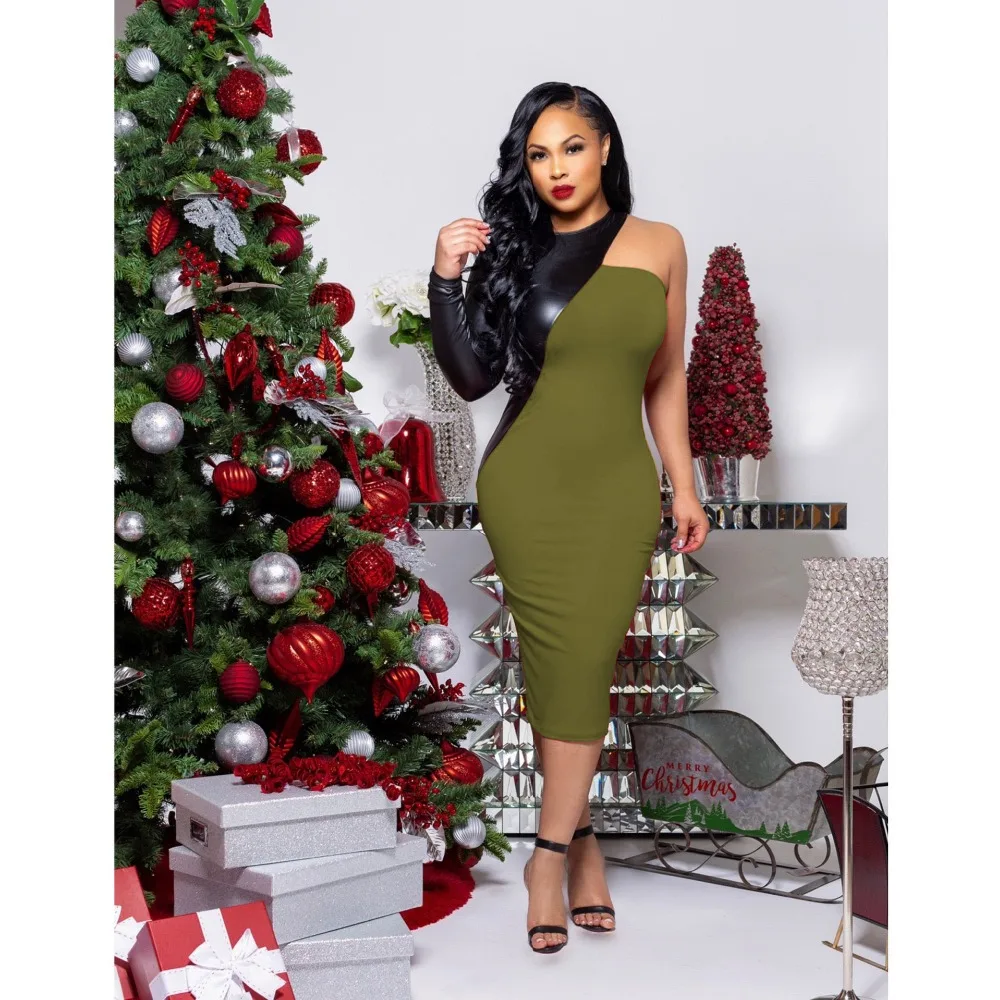 AHVIT PU Patchwork Sexy Party Dress O Neck One Shoulder Long Sleeve Sheath Spring Elegant Women Bodycon WY6532 | Женская одежда