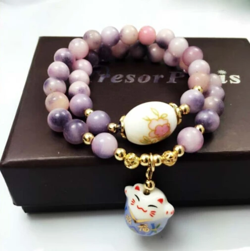 Lucky Cat натуральный камень браслет милый кот очарование Кристалл бисер браслеты для женщин Многослойные ювелирные изделия женские