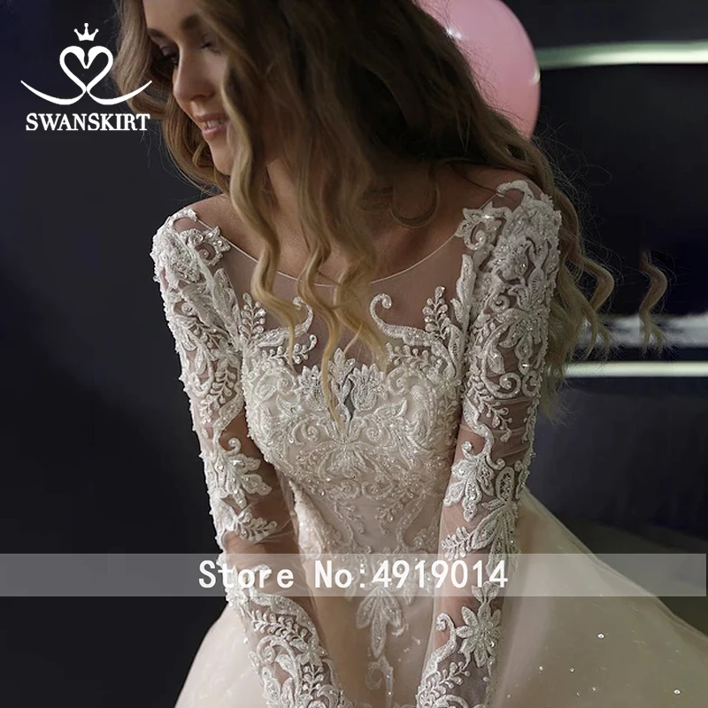 Swanskirt модное свадебное платье с длинным рукавом, Vestido de novia, кружевное бальное платье с аппликацией и бисером, свадебное платье с часовней и шлейфом HZ08