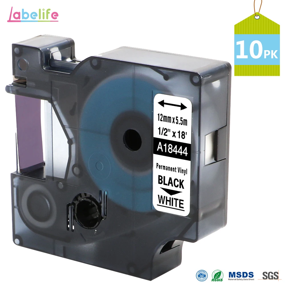 Labelife 10 упаковок 18444 черный/белый для DYMO Rhino IND виниловая этикетка 12 мм лента