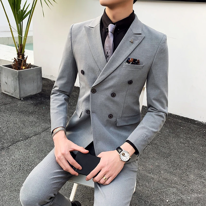 Новинка 2019 мужской весенний двубортный костюм с украшением Молодежный трендовый