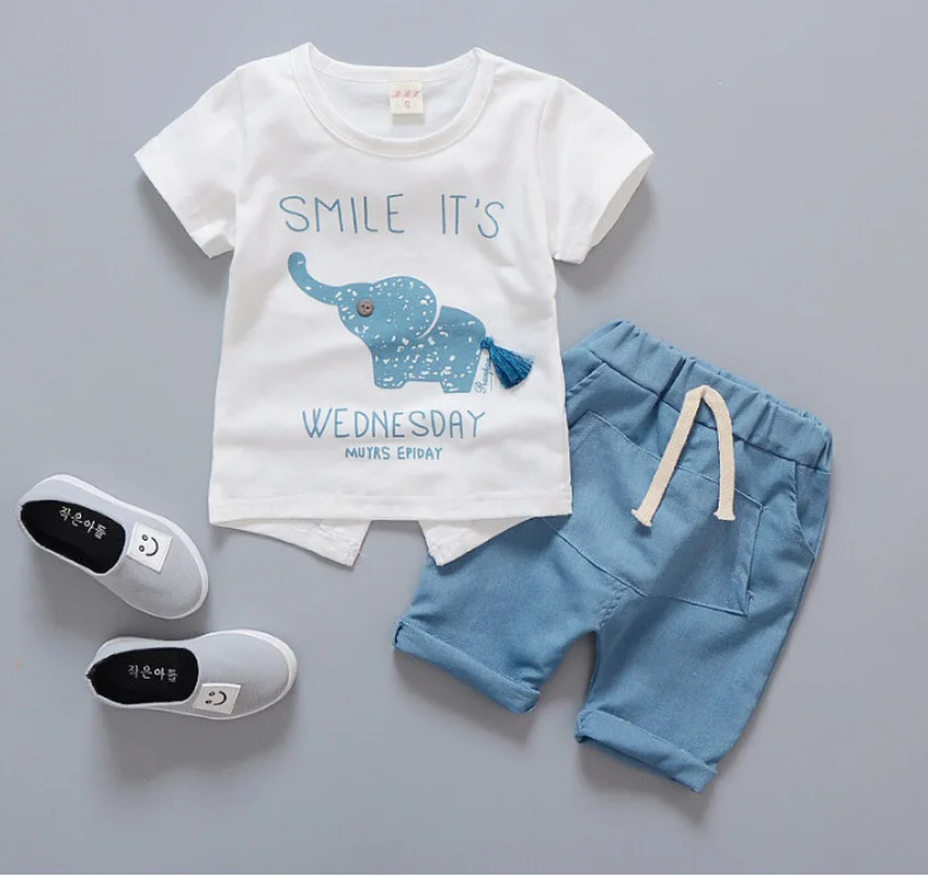 Детский комплект одежды для мальчиков и девочек белая футболка шорты со слоном с