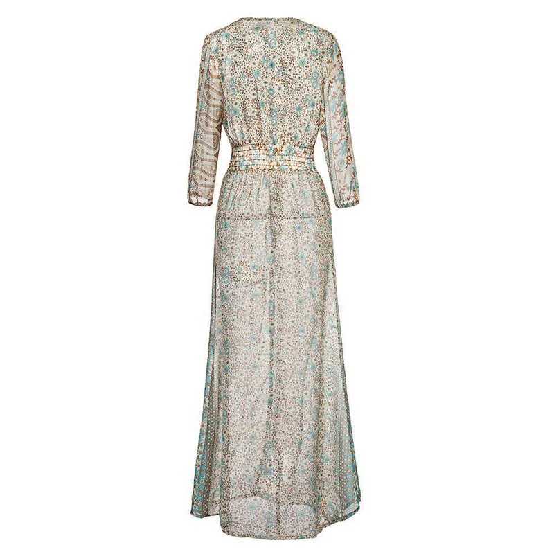 Женское Макси длинное бохо платье Летнее богемное с v-образным вырезом с бахромой асимметричное шифоновое этническое с принтом Сплит леди вечернее пляжное платье
