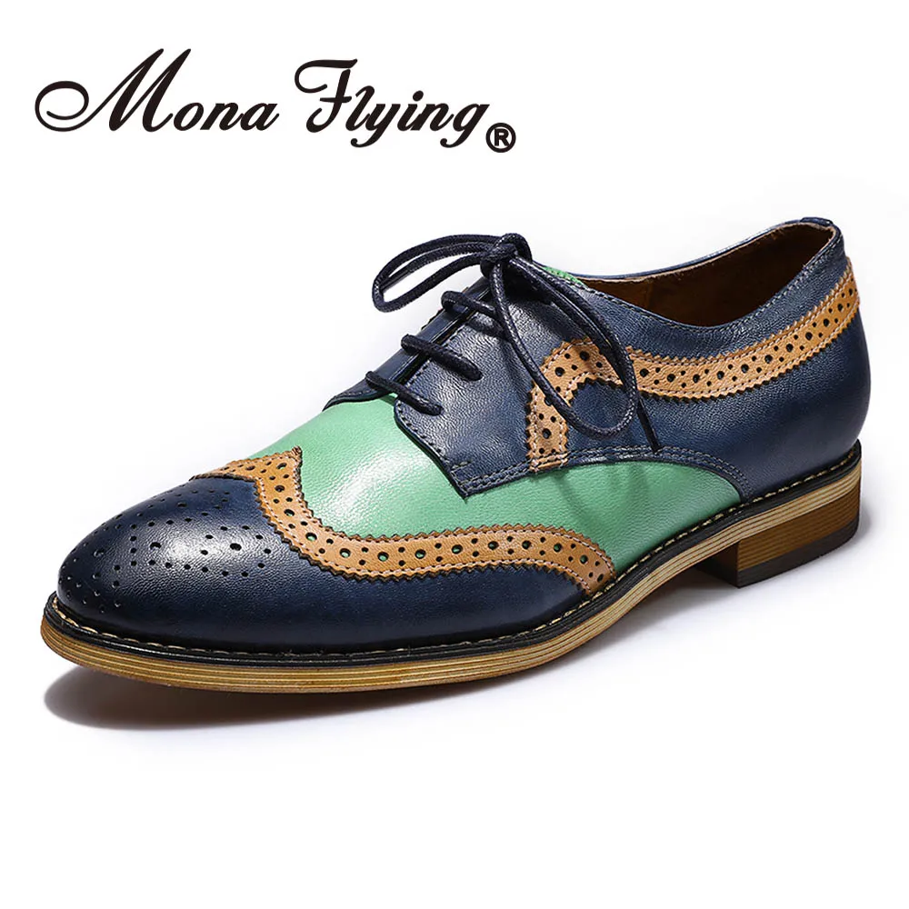 Mona flying/женские кожаные Разноцветные Туфли-оксфорды на шнуровке с перфорацией типа «броги»; туфли дерби; женские B098-01 - Цвет: Blue- Green