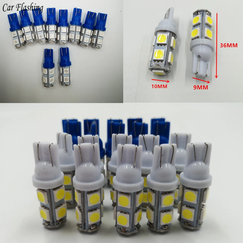 10 шт. светодиодный T10 W5W лампы 9SMD 5050 белого и синего цвета Авто Клин габаритные