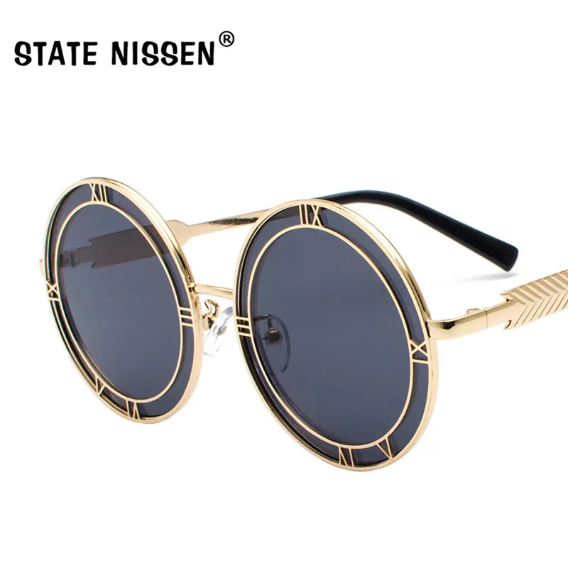 

STATE NISSEN Vintage Round Sunglasses Letters Sun Glasses Metal Frame Men Women Brand Designer Fashion Eyewear Oculos