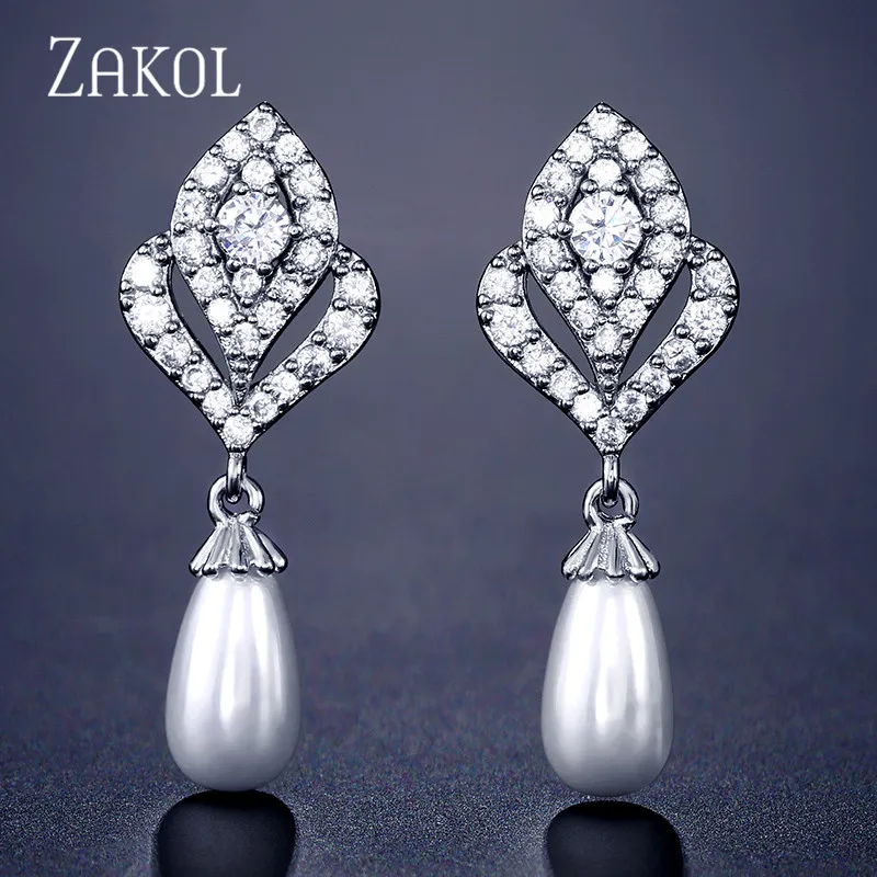 ZAKOL Новые Модные Элегантные серьги-капли с кубическим цирконием и цветами для женщин, свадебные ювелирные изделия с искусственным жемчугом FSEP2271