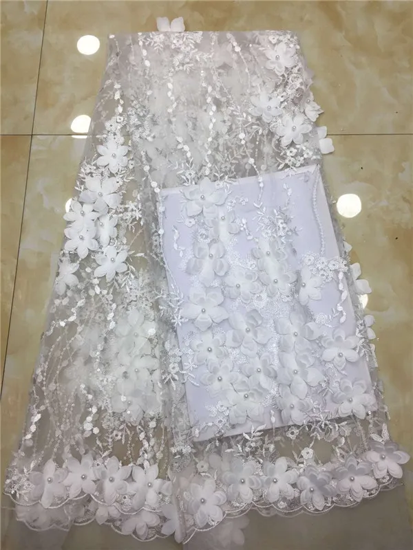 

White Modern design French lace African embroidery tulle lace fabric french mesh beads lace fabric 3D Flower wedding dress black
