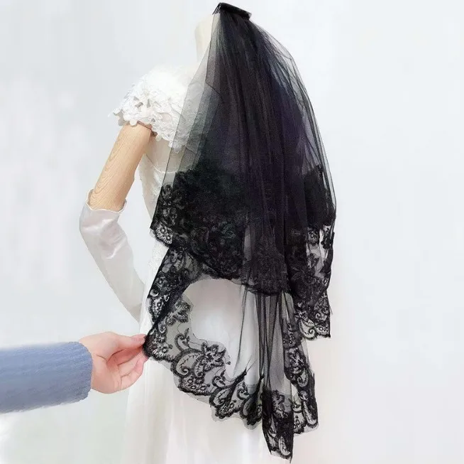 Черная кружевная кромка короткая фатиновая свадебная вуаль с расческой черная