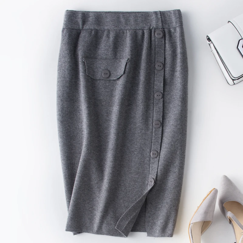 AreMoMuWha New Spring Autumn Vintage Solid Knitting Skirt Women Work Wear High Waist Skirts Elegant All-Match Button Mh092 | Женская