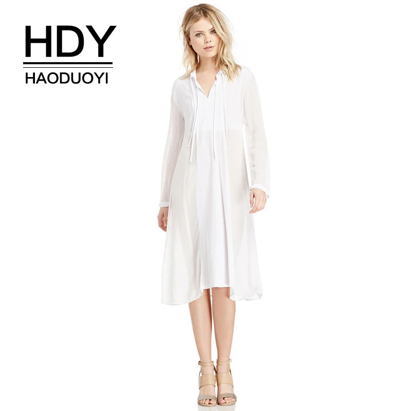 Женское шифоновое платье HDY Haoduoyi белое Полупрозрачное А-силуэта с глубоким