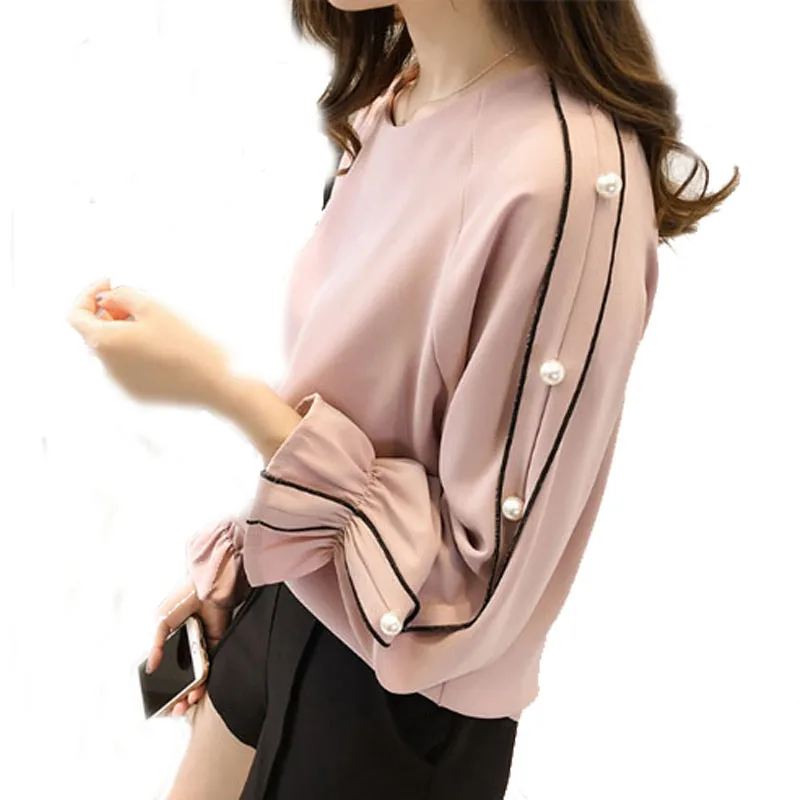 Плюс размер шифоновая рубашка женская 2018 Blusa бисерные Топы Осень с длинным
