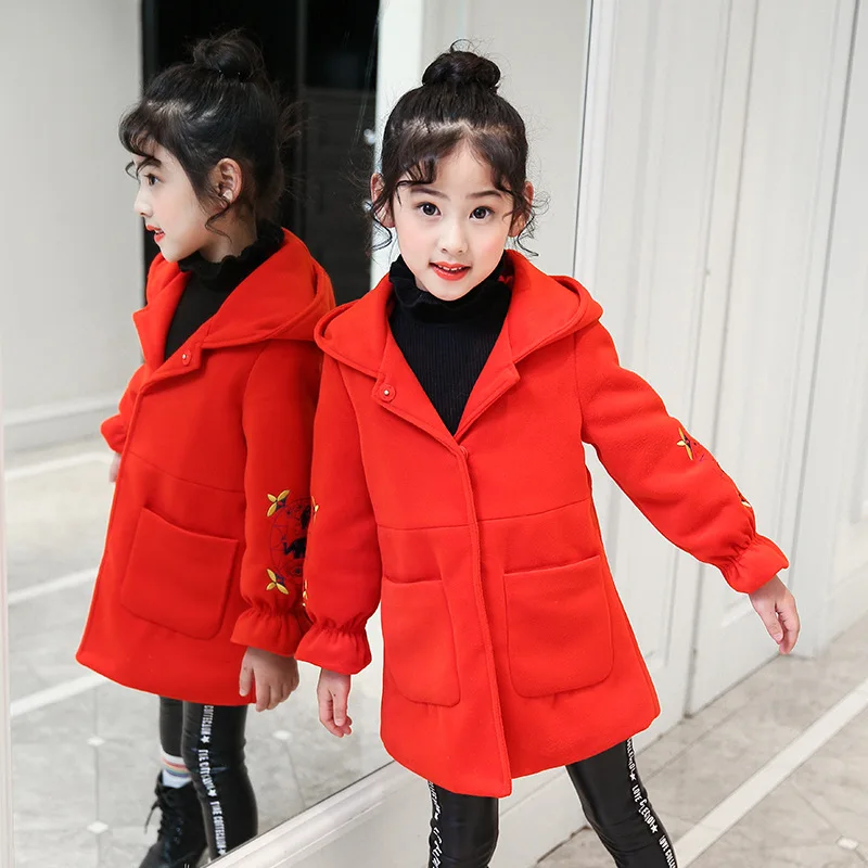 

2020 Autumn Winter Girls Woolen Coat Embroidery Petal Sleeves Long Jacket for Kids 4-12 Years Old Outwear