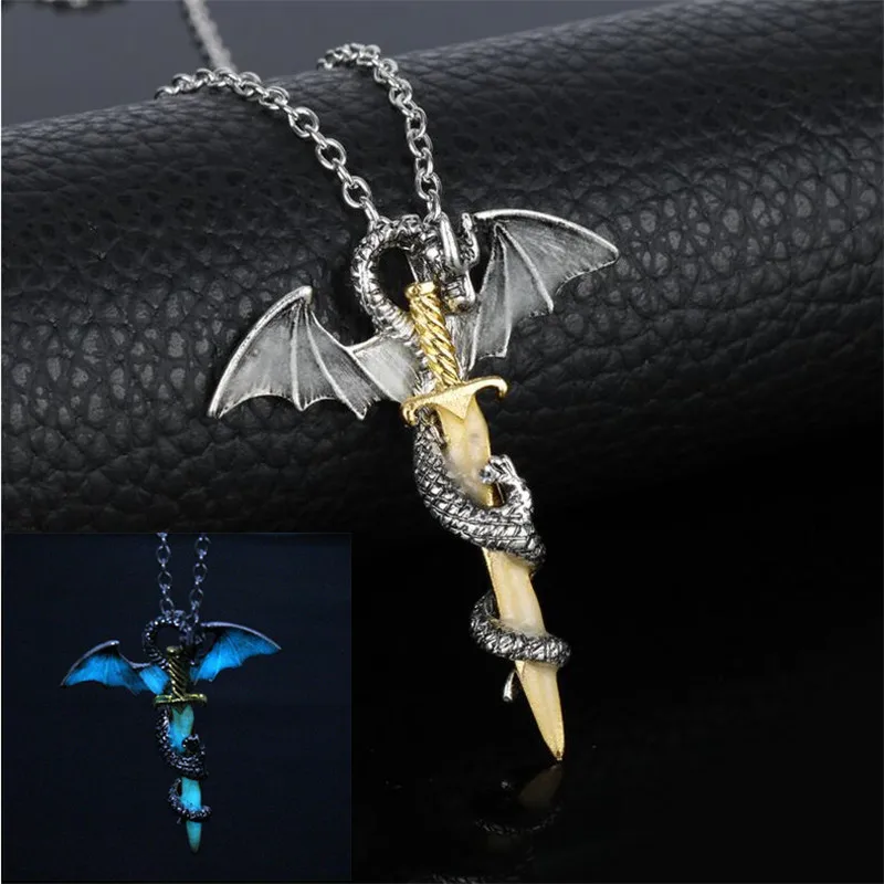 Luminous Jewelry Dragon Sword Pendant Necklace Neck lace Glow In The Dark Anime Necklace For Men Christmas Gifts