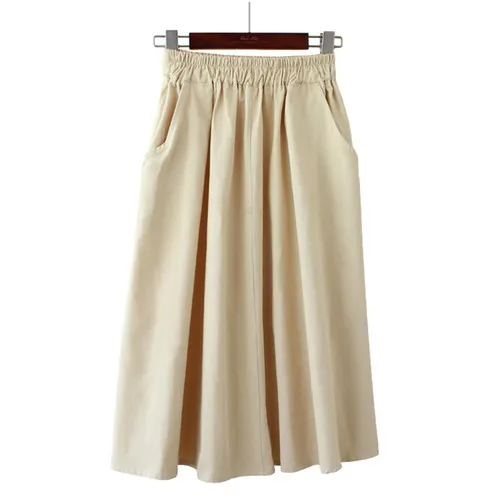 beige Миди юбка Женская Новая мода эластичный пояс боковые карманы Ruched Sun Falda Женская Повседневная однотонная имперская трапециевидная хлопковая юбка - Цвет: beige