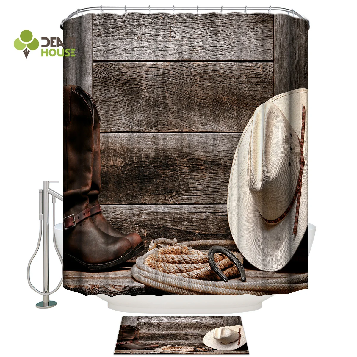 Dearhouse Western Cowboy Style Shower Curtain Bath Sets With Rugs Bathroom Mat Waterproof Outdoor Toilet | Дом и сад