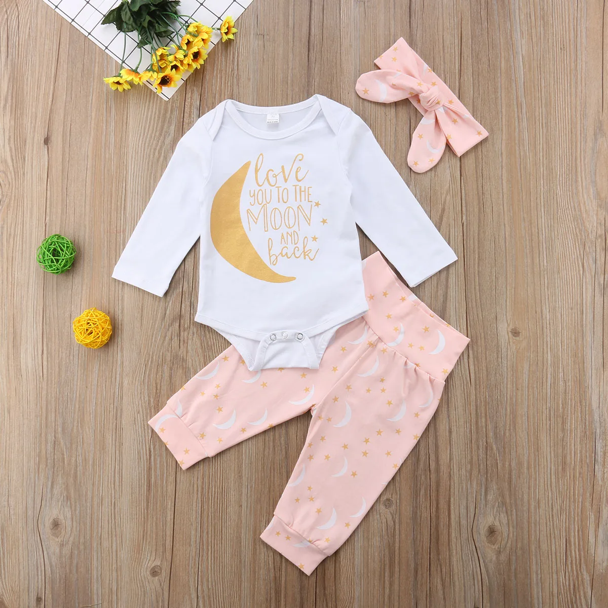 2018 Brand New Newborn Infant Baby Girls Boys Clothes 3PCS Long Sleeve Letter Moon White Romper Tops+Moon Stars Pants+Headband | Детская