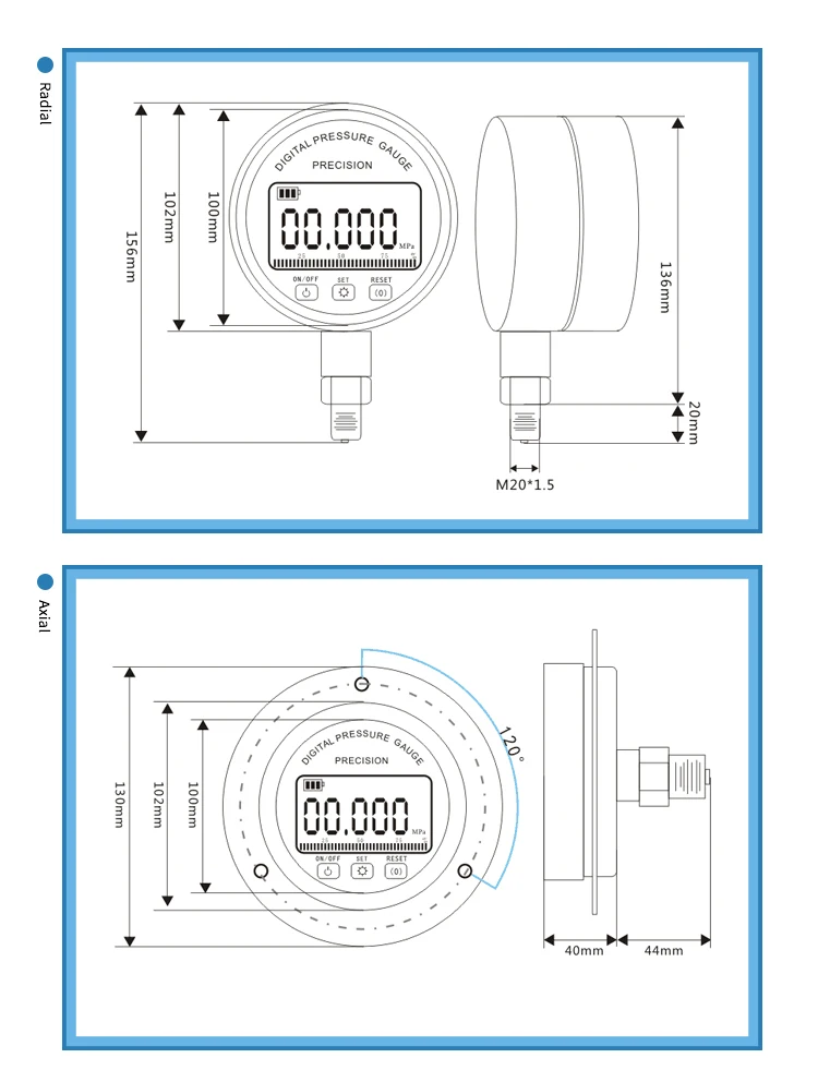 5 цифр Высокоточный цифровой манометр psi/Kpa/Bar/kg 100 мм Диаметр 0-60Mpa Вакуумный датчик давления воды на батарейках