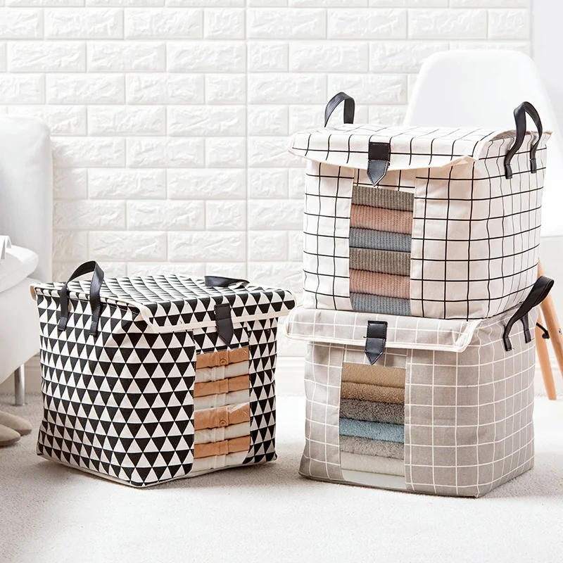 Толстые хлопковые корзины для хранения одежды с крышкой и кожаной ручкой|Корзины