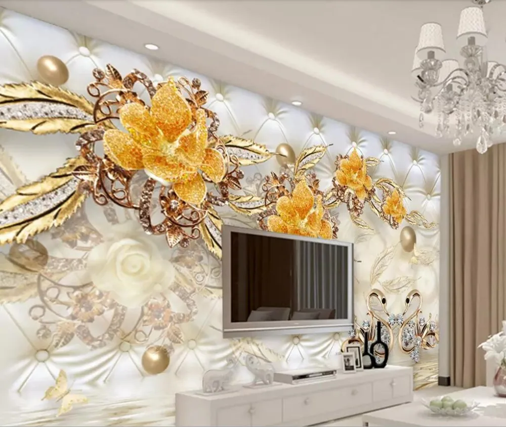 

Custom mural 3d luxury gold flowers soft wrap round ball jewelry living room background wall