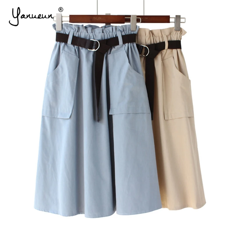 Юбка женская однотонная с карманами и поясом на весну/осень|Женские юбки| |