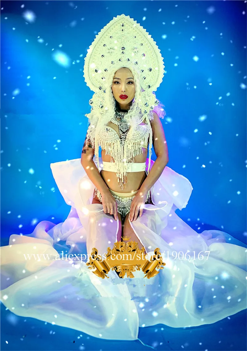 Women White Christmas Dress With Pearl Headwear Court Sexy Lady Bikini Suit Valentine's Day Performance Ballroom Costume |