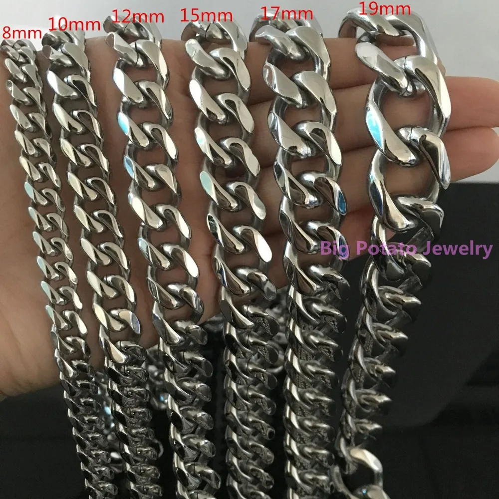 

High Polishing 8/10/12/15/17/19mm Width Cool Mens 316 Stainless Steel Silver Color Cuban Link Chain Necklace 7"-40"