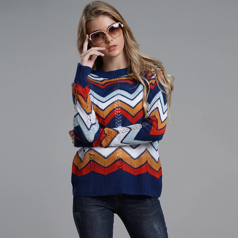 Осенний женский свитер в полоску геометрический Радужный джемпер пуловеры |