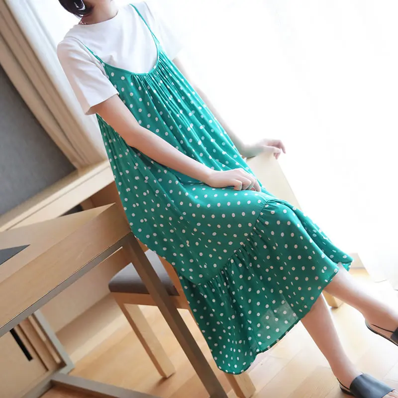 XITAO False Two Piece Midi Dress Women Clothes 2019 V Neck Dot Irregular Perspective Summer Korea Fashion Pullover WBB4342 | Женская